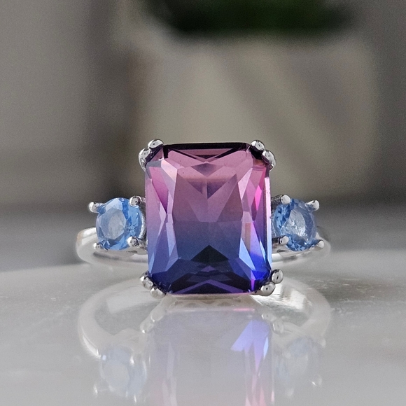 Pink & Purple Emerald Cut Gemstone Ring, 925 Sterling Silver Charmed Aroma - Picture 2 of 7
